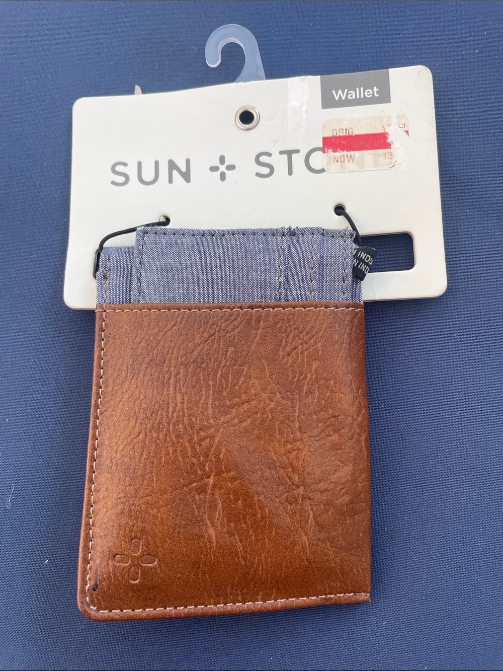 Sun + Stone Brown Leather and Blue Chambray Slim Wallet